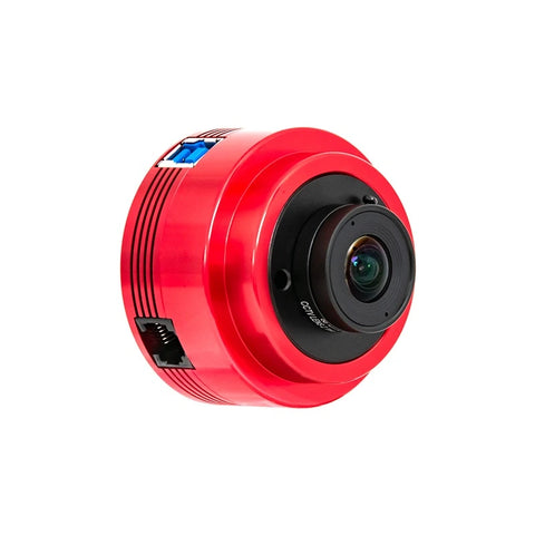 ZWO ASI662MC color planetary camera, red body three-quarter view with USB 3.0 and ST4 ports