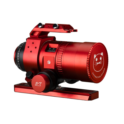 Red MiniCat 51 refractor with handle bar, dual dovetail plate and focus knob on a white background